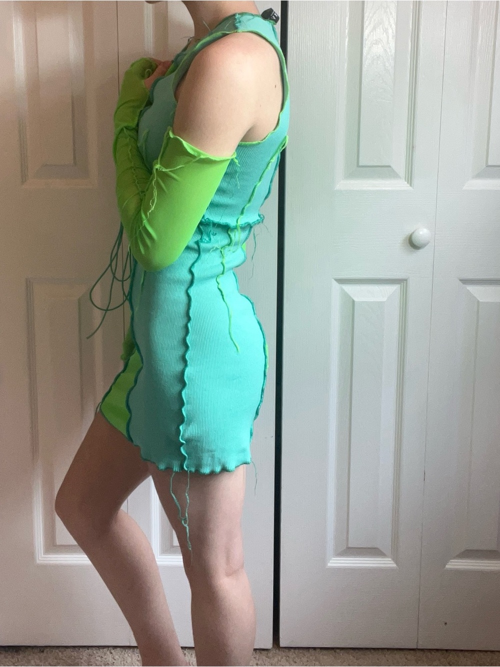 Akira Green Patchwork Cutout Lace-Up Mini Dress - Picture 3 of 7